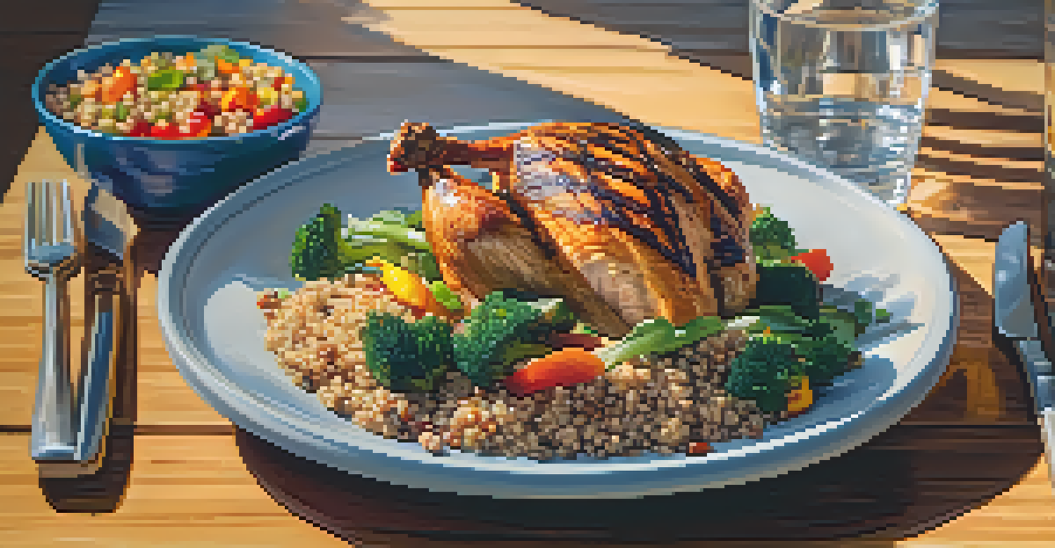 A close-up of a healthy meal for an aging bodybuilder, including grilled chicken, quinoa, and colorful vegetables on a wooden table.
