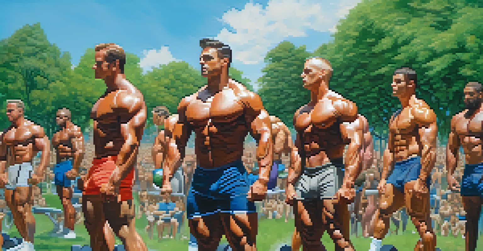 A diverse group of bodybuilders working out together in a park, highlighting camaraderie and fitness.