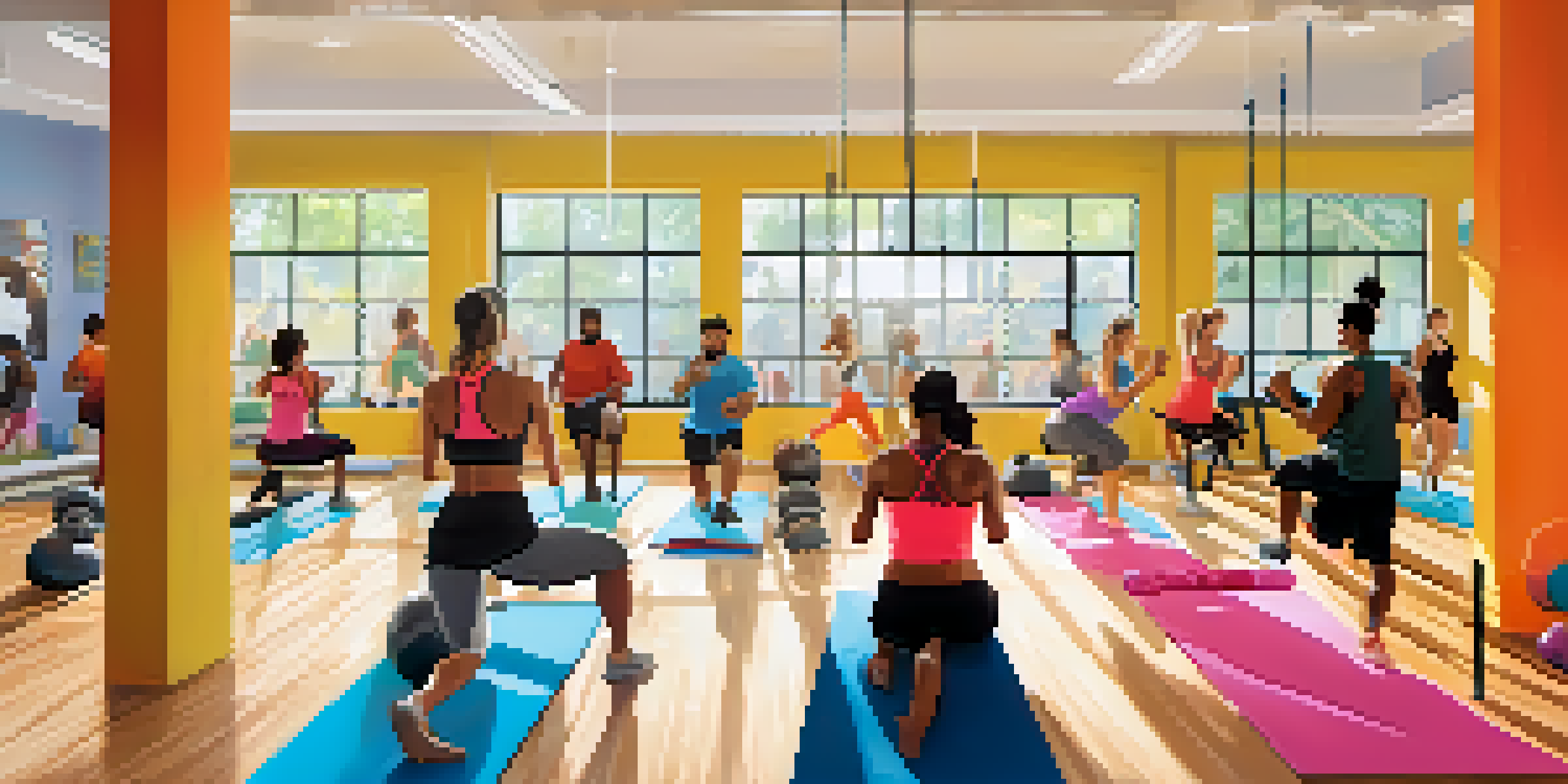 A diverse group of individuals exercising together in a bright and inviting gym, showcasing inclusivity and body positivity.