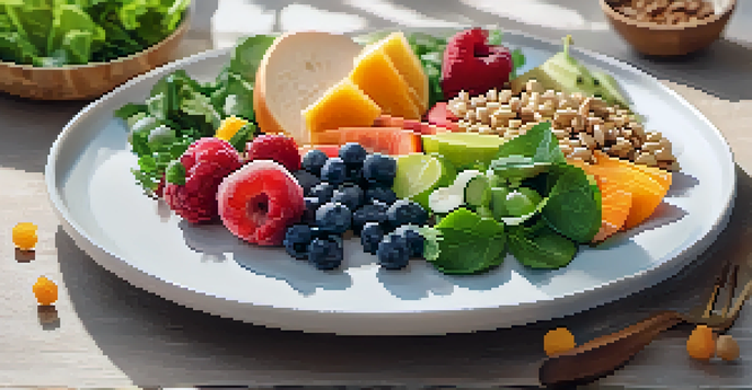 A colorful, healthy plate of food featuring fruits, vegetables, lean proteins, and whole grains under soft natural lighting.