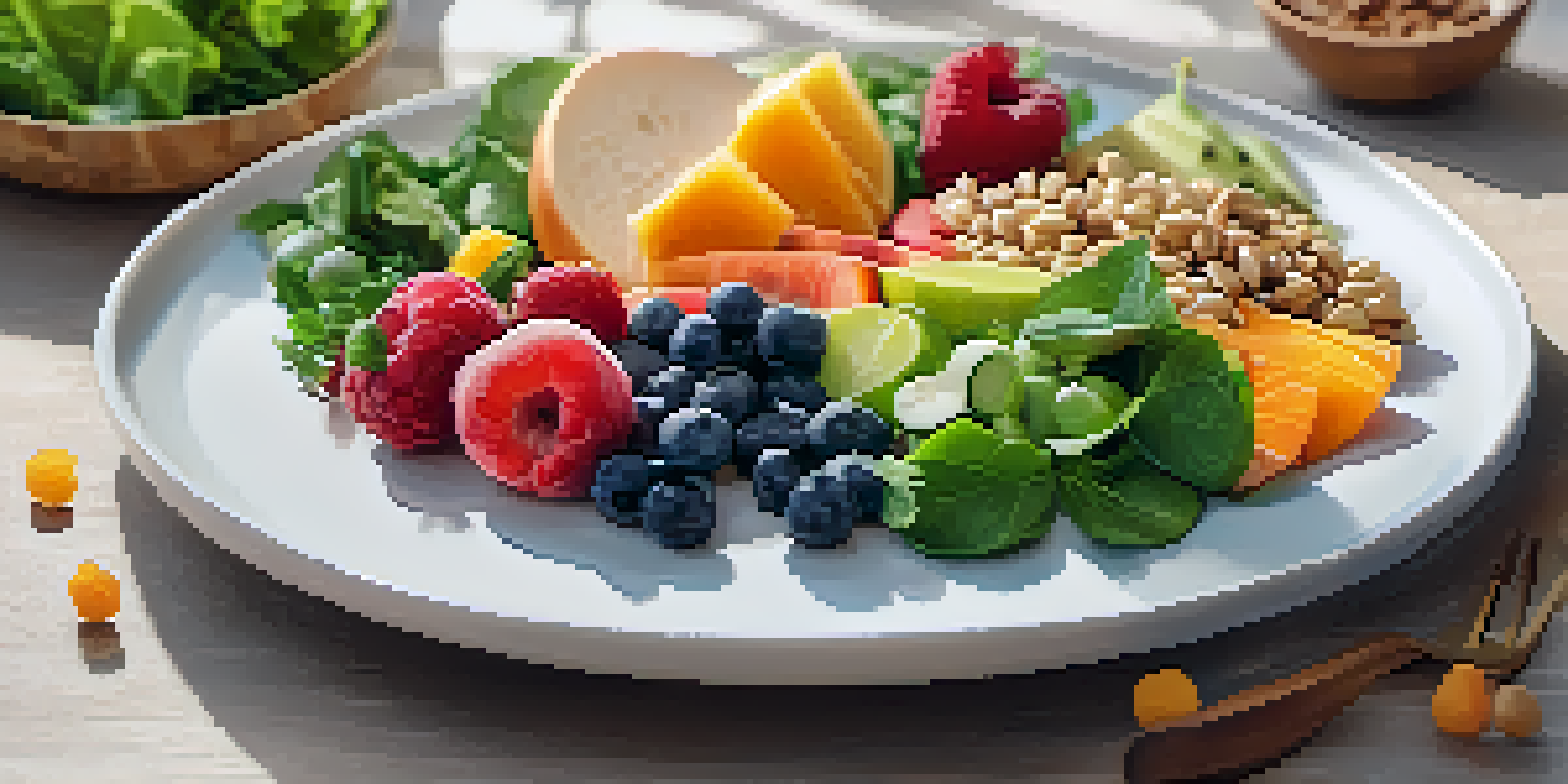 A colorful, healthy plate of food featuring fruits, vegetables, lean proteins, and whole grains under soft natural lighting.