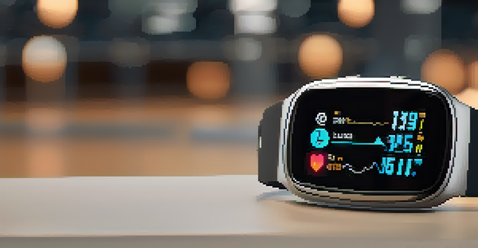 A modern smartwatch on a gym bench showing fitness metrics like heart rate and calories burned, with weights in the background.