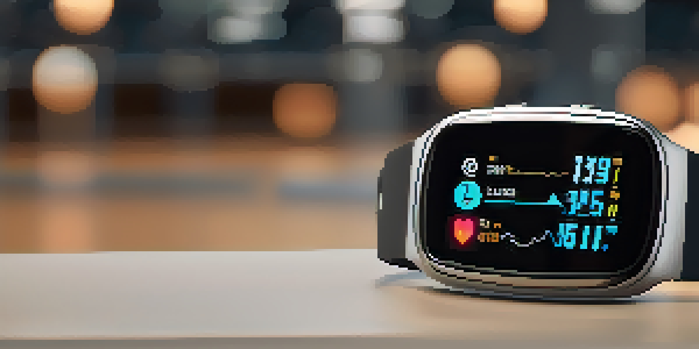 A modern smartwatch on a gym bench showing fitness metrics like heart rate and calories burned, with weights in the background.