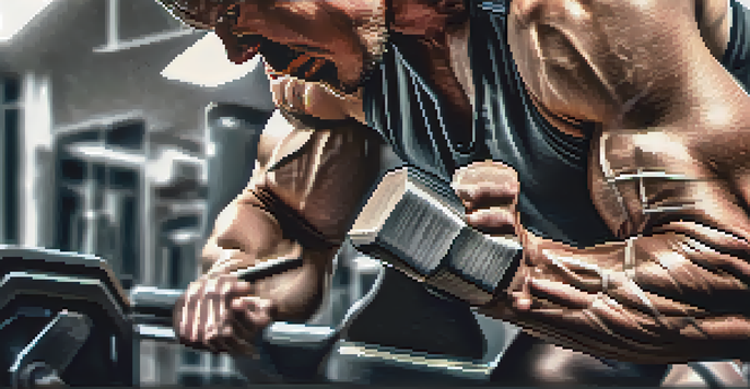 A close-up image of a muscular arm flexing during weightlifting, with gym equipment blurred in the background.
