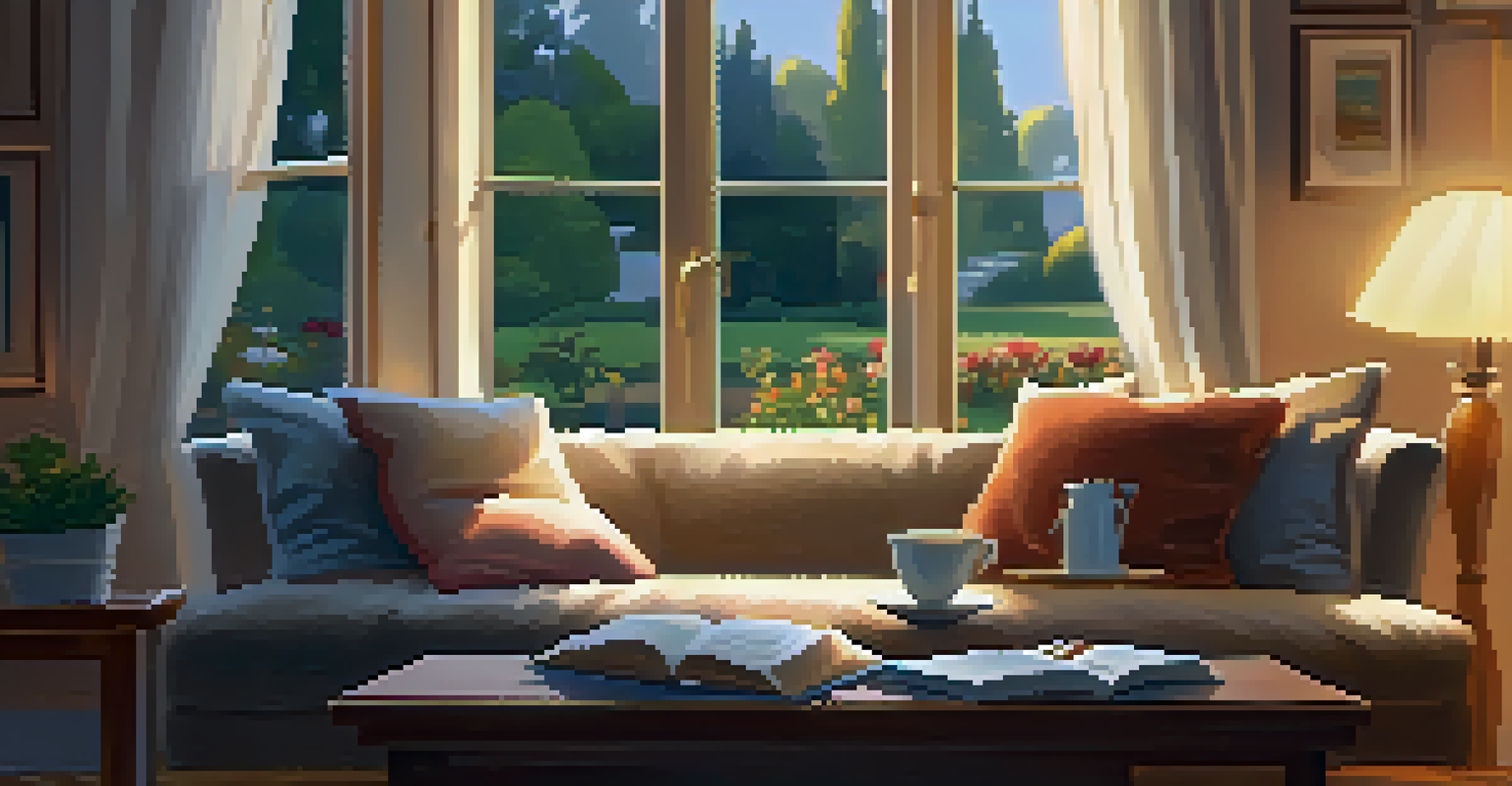 A cozy living room with a person reading a book on a sofa, surrounded by soft lighting and a peaceful garden view.