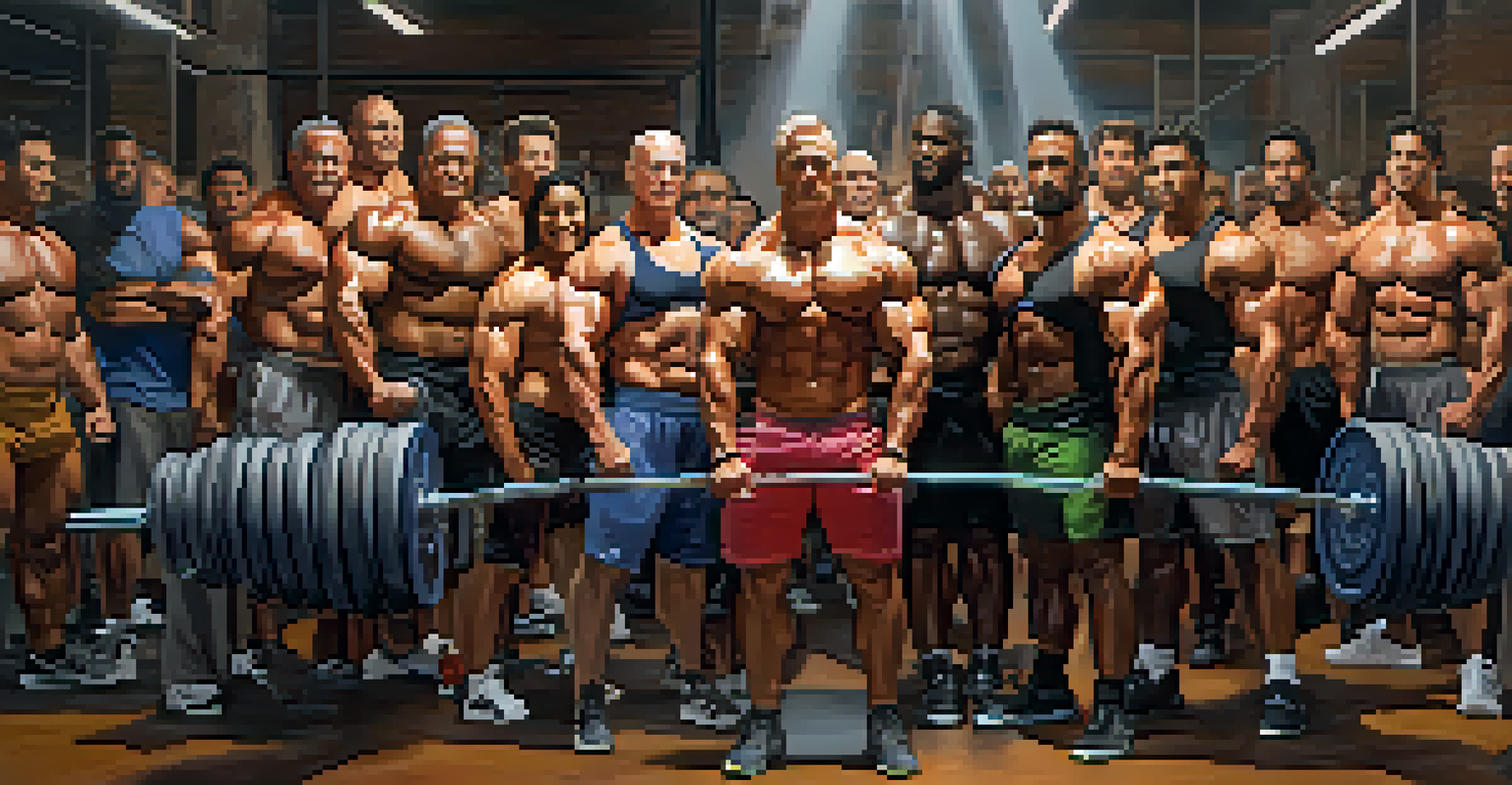 A diverse group of bodybuilders lifting weights in a gym, showcasing camaraderie and motivation.