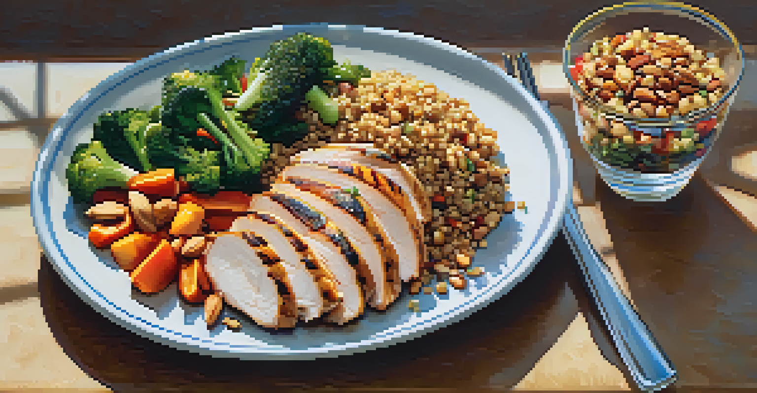 A close-up of a nutritious meal with grilled chicken, quinoa, and vegetables on a table.
