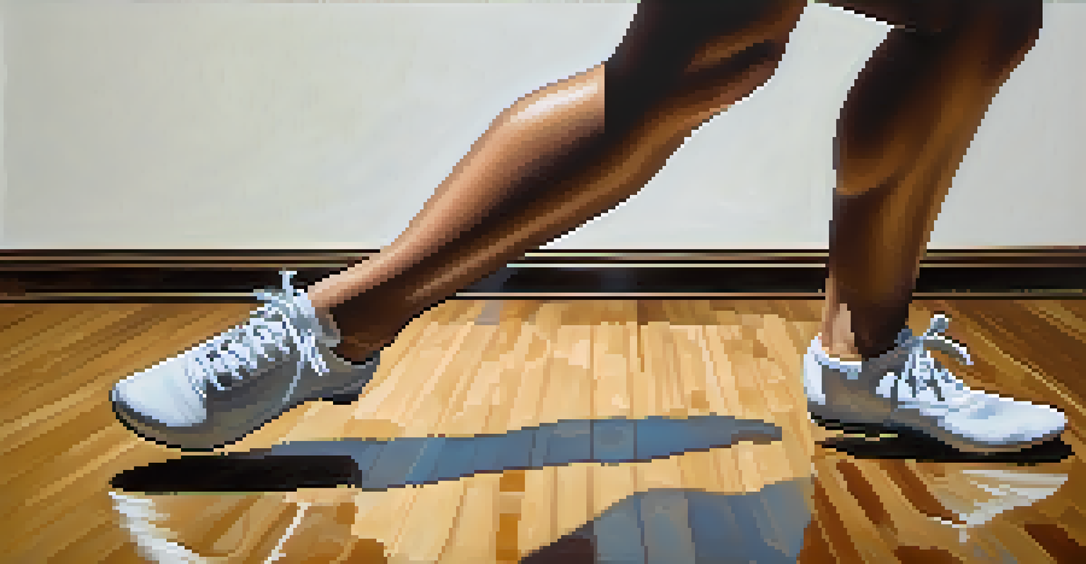 A close-up image of a dancer's feet in bright sneakers, showcasing movement on a polished wooden floor during a contemporary dance routine.