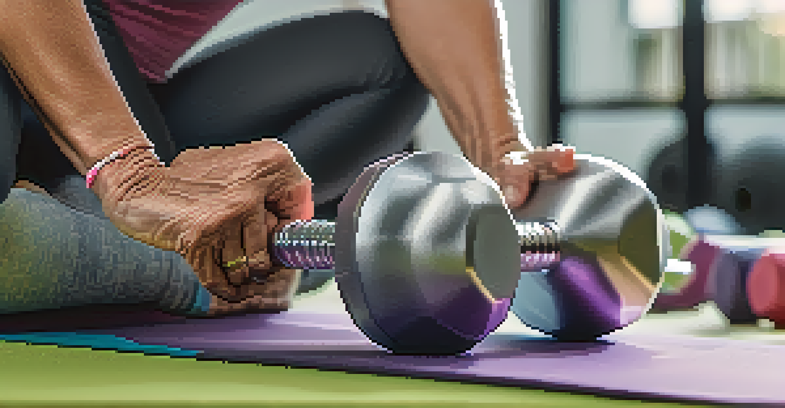 Close-up of an elderly woman's hands holding a light dumbbell in a cozy home gym setting with natural light.
