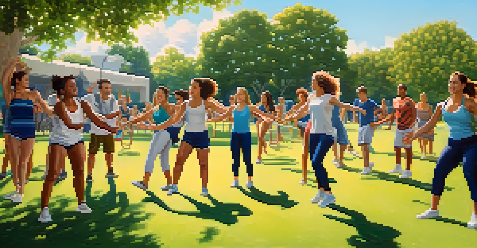 A diverse group of people doing dynamic stretches in a park under a blue sky.