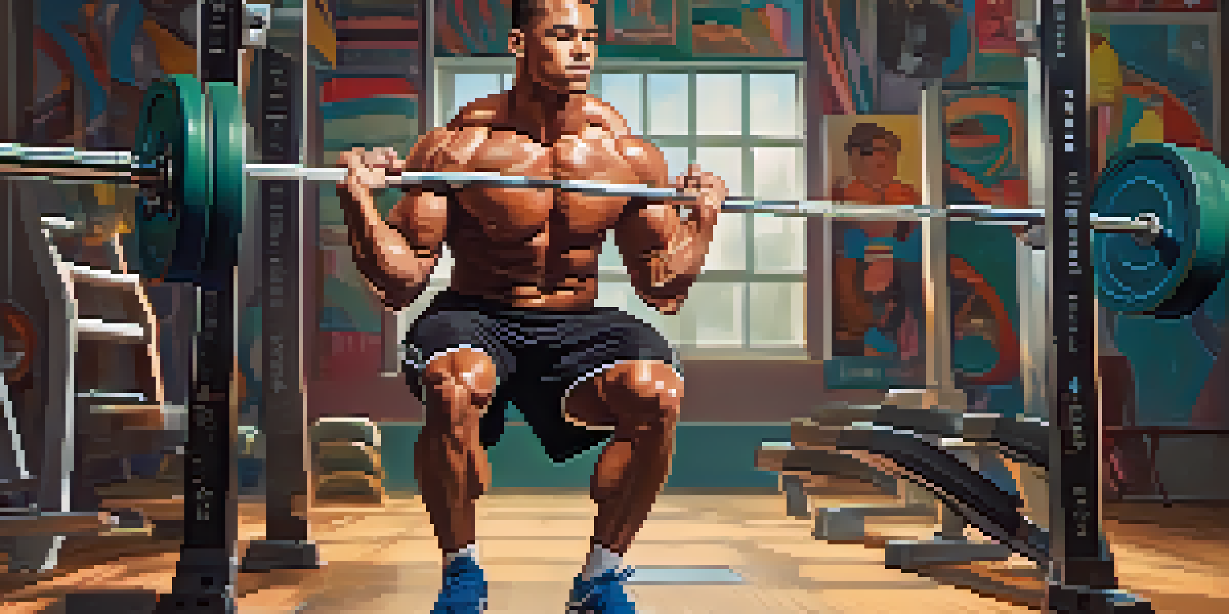 A muscular athlete lifting a barbell in a bright gym, surrounded by motivational posters and a screen showing a playlist.