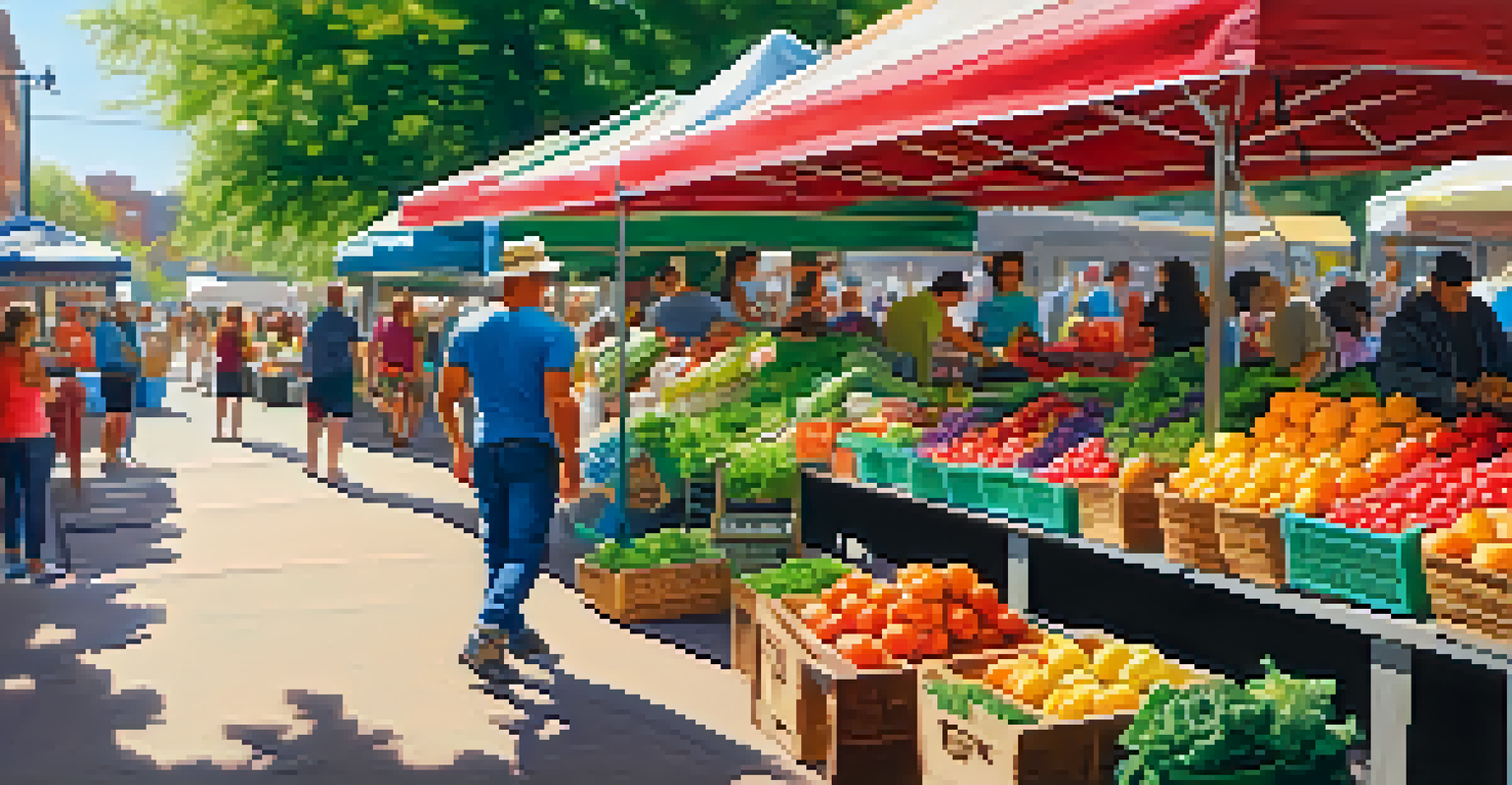 A farmers' market stall with fresh fruits and vegetables and a bodybuilder choosing greens, under colorful canopies.