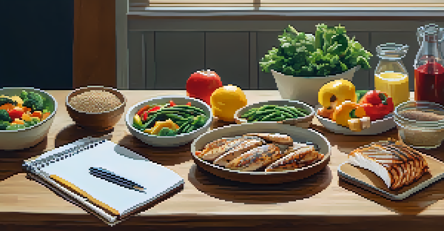 A beautifully arranged healthy meal with grilled chicken and vegetables on a wooden counter, with a notepad for goal setting.