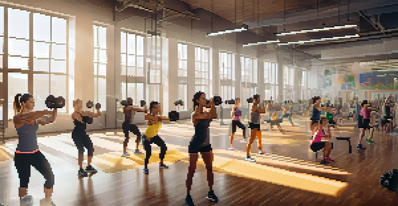 A diverse group of people engaged in a resistance training class at a gym, showcasing energy and motivation.