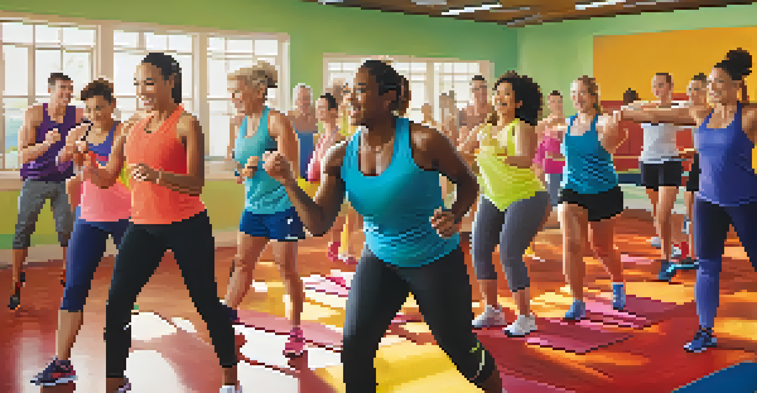 A group of people participating in a fitness class in a gym, smiling and encouraging each other.