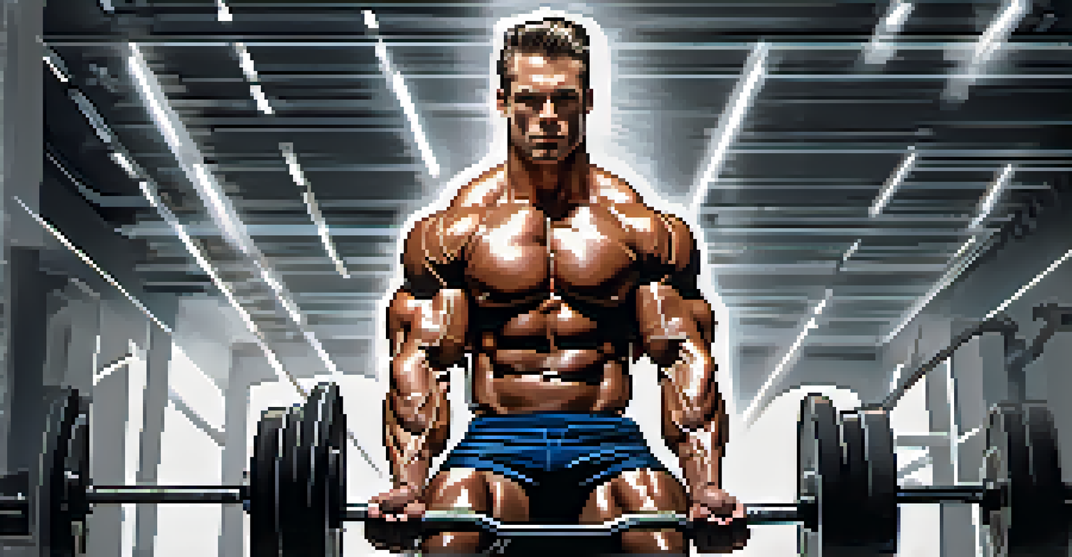 A bodybuilder lifting weights in a gym, showing intense focus and muscle definition with sweat glistening.
