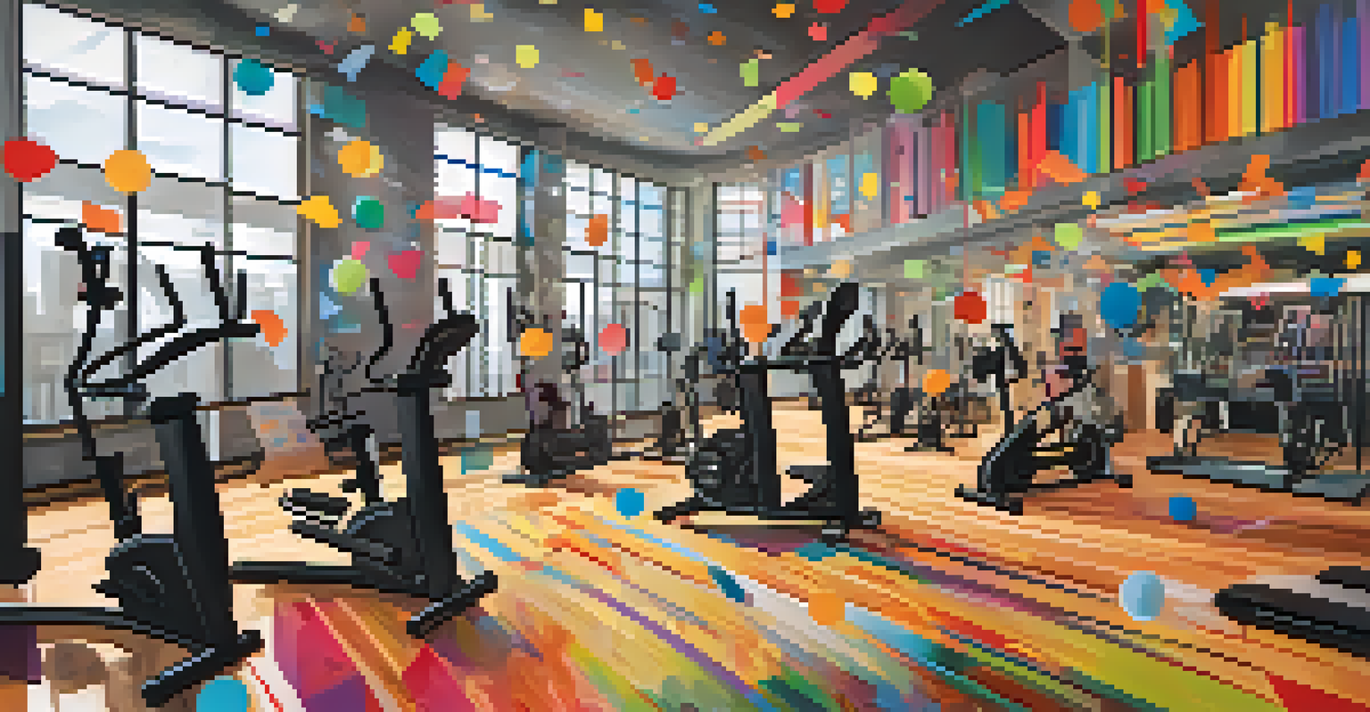 An artistic depiction of a music playlist with sound waves and colorful notes, illustrating different phases of a workout in a gym environment.