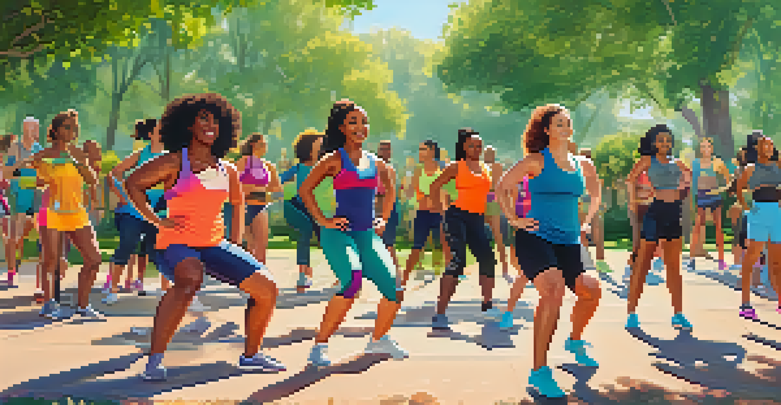 A diverse group exercising together in a sunny park, showcasing collaboration and motivation in a fitness class.