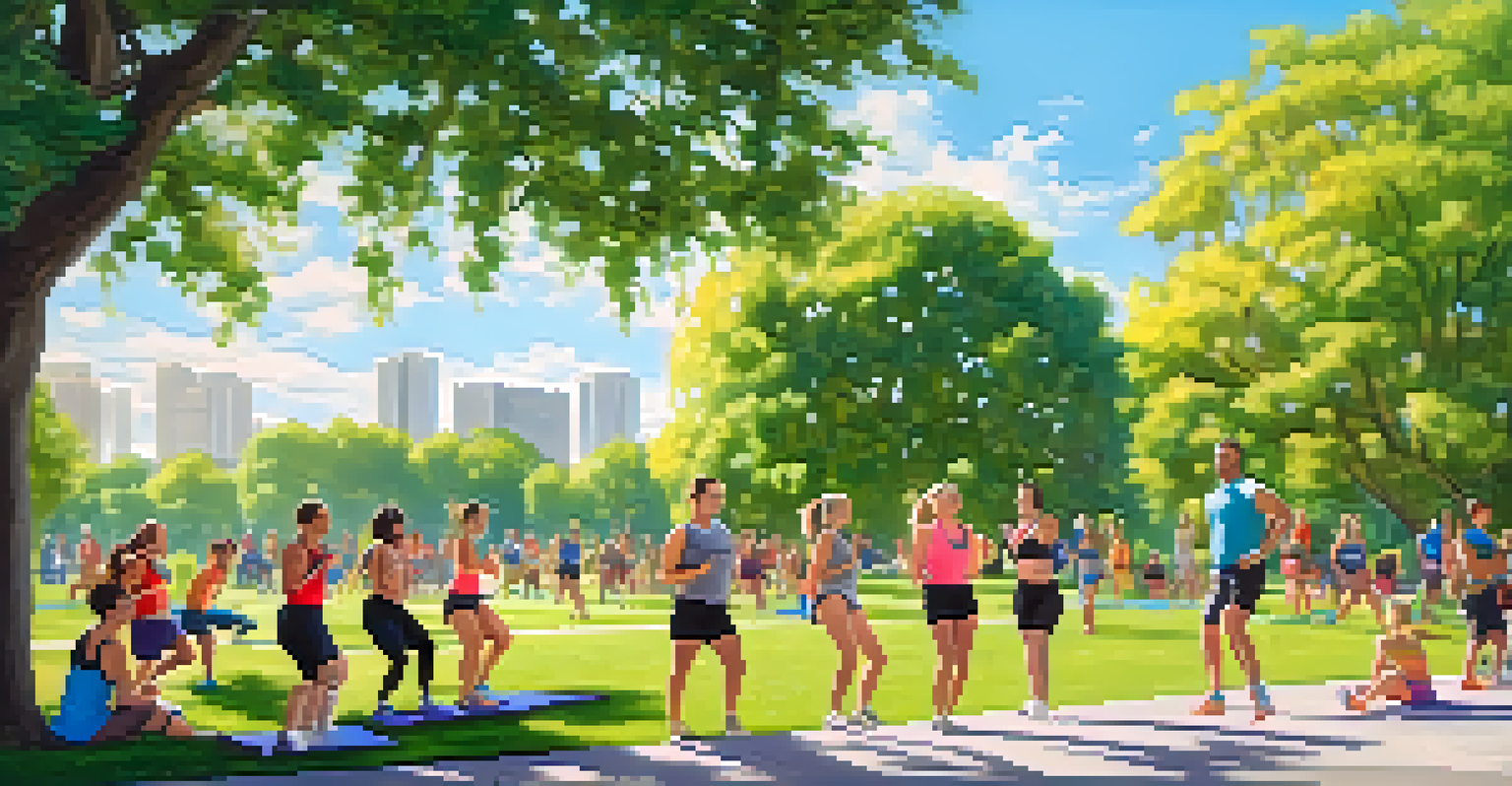 A group of friends enjoying an outdoor workout in a sunny park, laughing and exercising together.