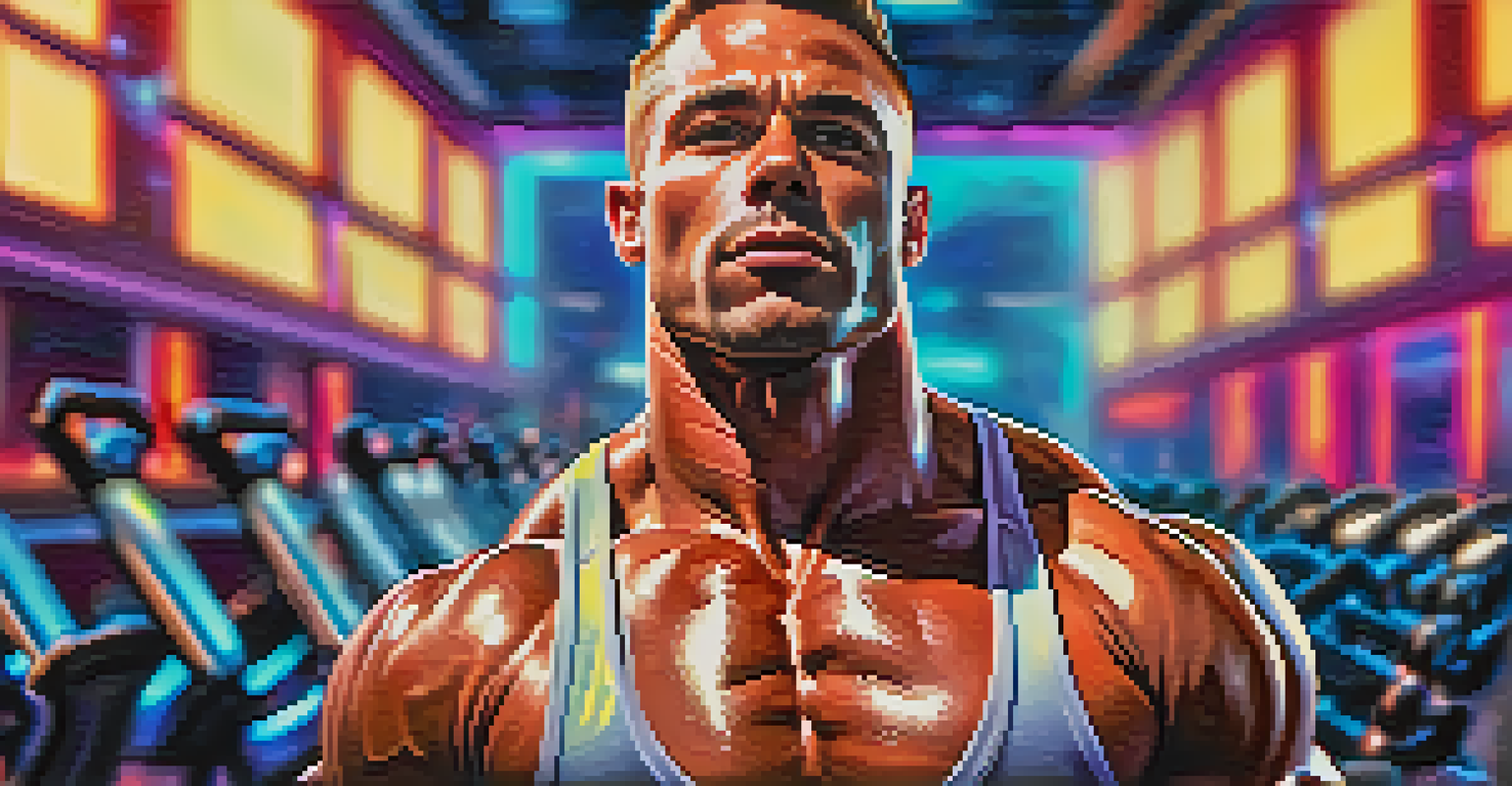 A close-up of a male bodybuilder lifting weights in a modern gym, with sweat on his forehead.