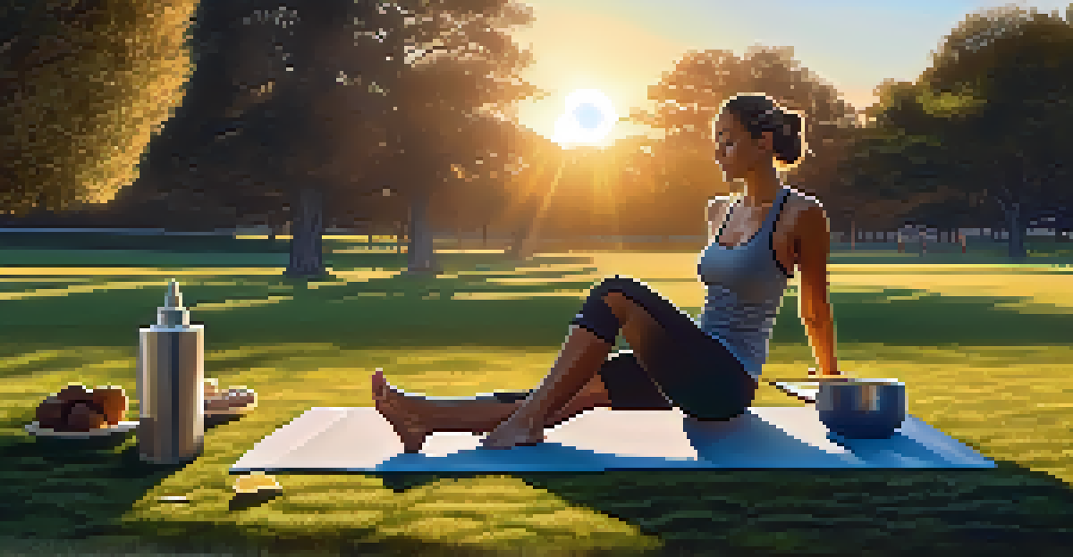 A person stretching on a yoga mat in a park, with a healthy meal beside them and a sunset in the background.