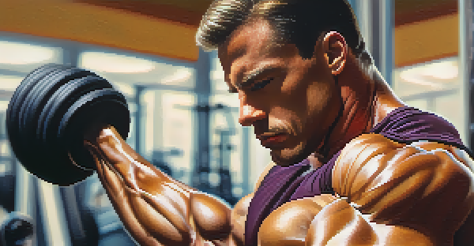 A bodybuilder focusing on their bicep during a curl exercise, highlighting muscle contraction and detail.