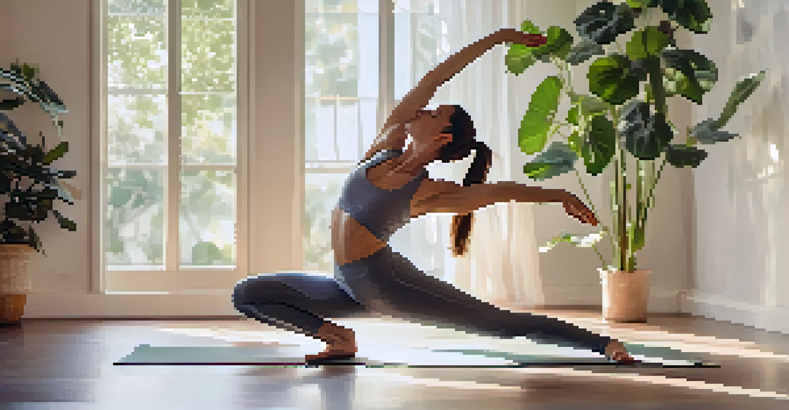 A close-up of a person in a yoga pose, highlighting flexibility and tranquility in a peaceful environment with soft colors.