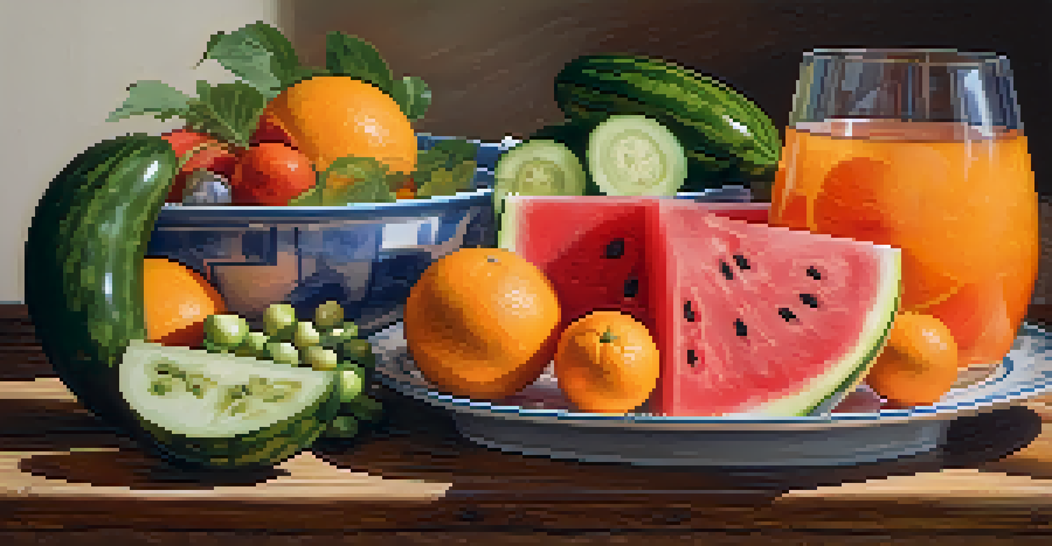A colorful platter of hydrating foods like watermelon, cucumbers, and oranges on a rustic wooden table.