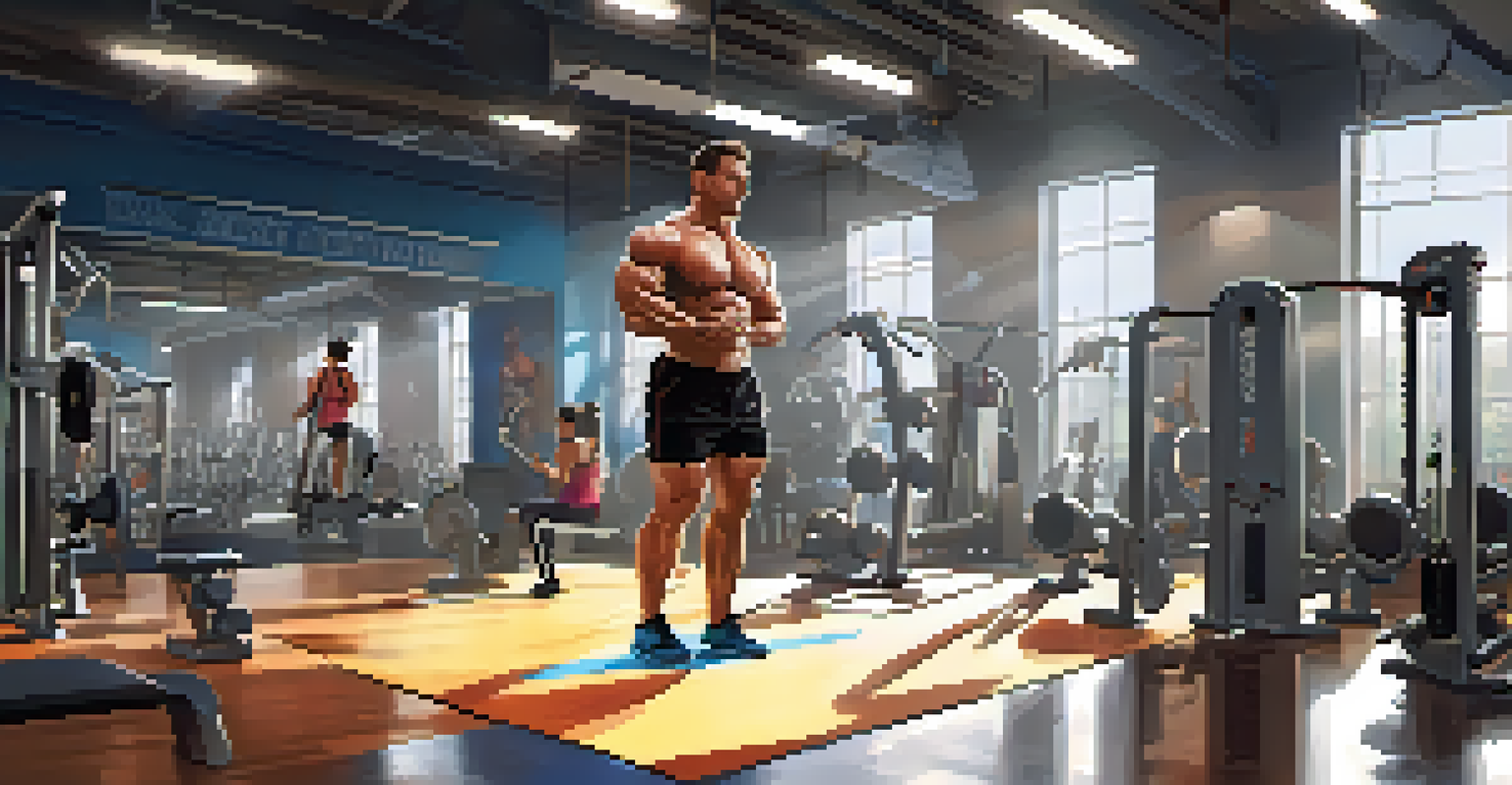 A bodybuilder in an indoor gym engaged in circuit training, showcasing a dynamic workout environment.