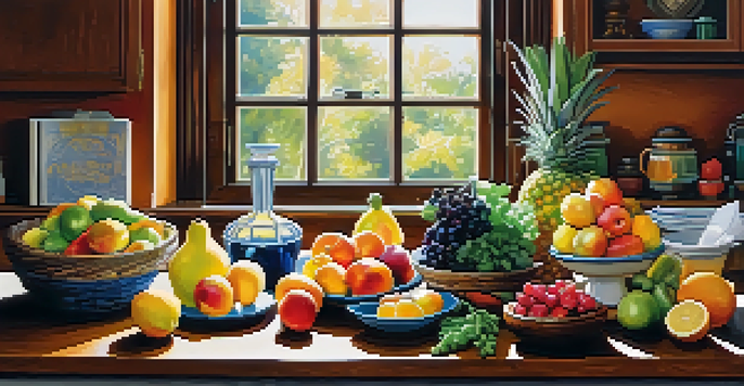 A bright kitchen with a wooden table filled with fresh fruits and vegetables, and a glass of lemon water, symbolizing healthy eating.