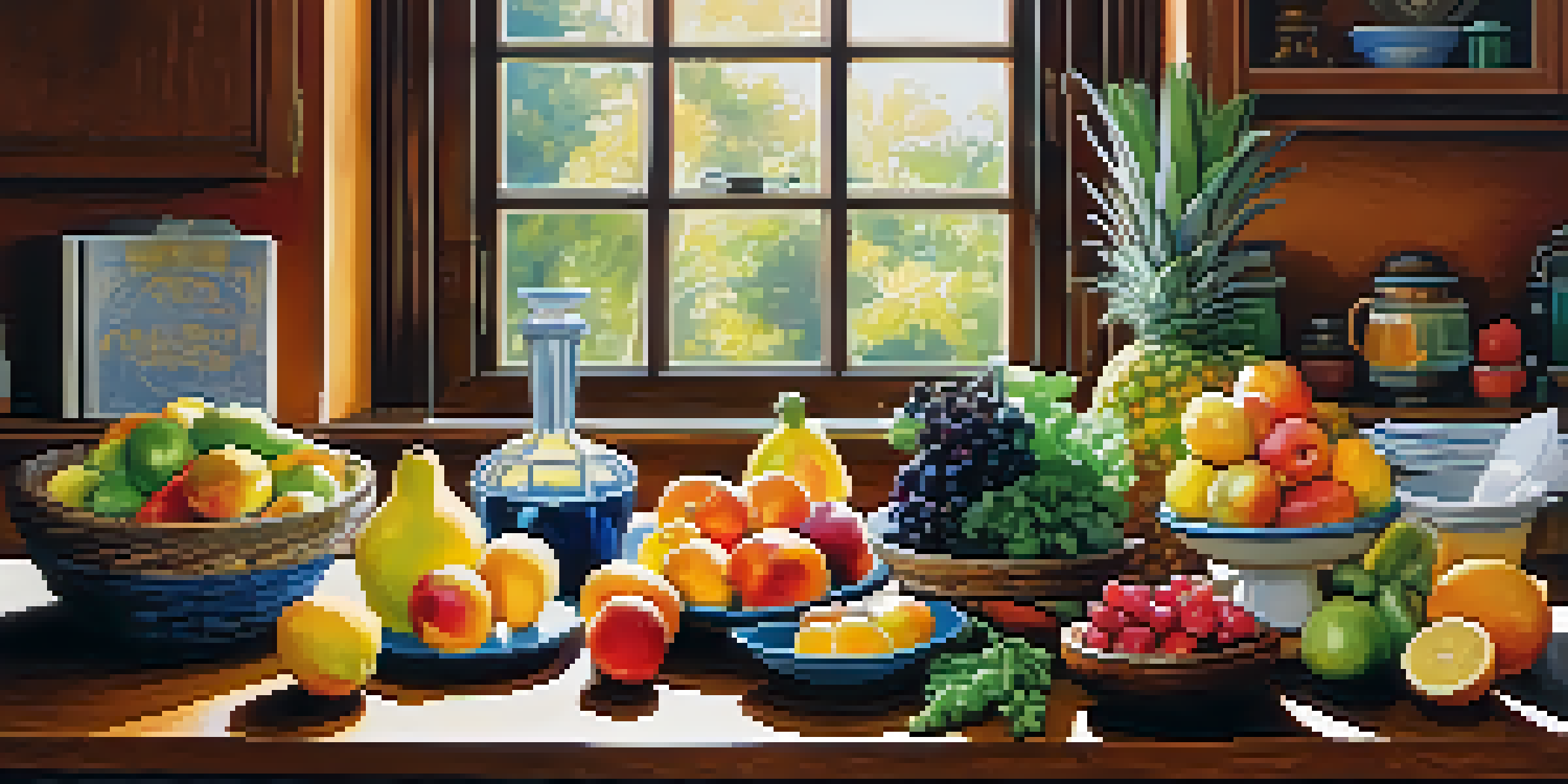A bright kitchen with a wooden table filled with fresh fruits and vegetables, and a glass of lemon water, symbolizing healthy eating.