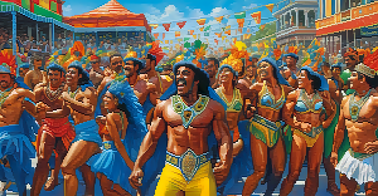 Bodybuilders in colorful costumes celebrating at a Brazilian carnival, surrounded by festive decorations and an enthusiastic crowd.
