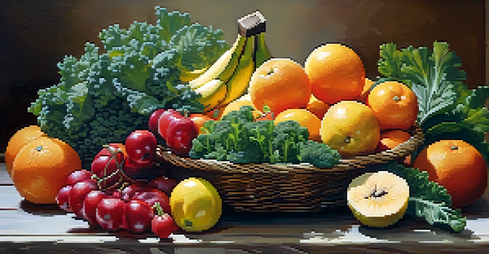 A still life of colorful fruits and vegetables on a wooden table, showcasing nutrition.