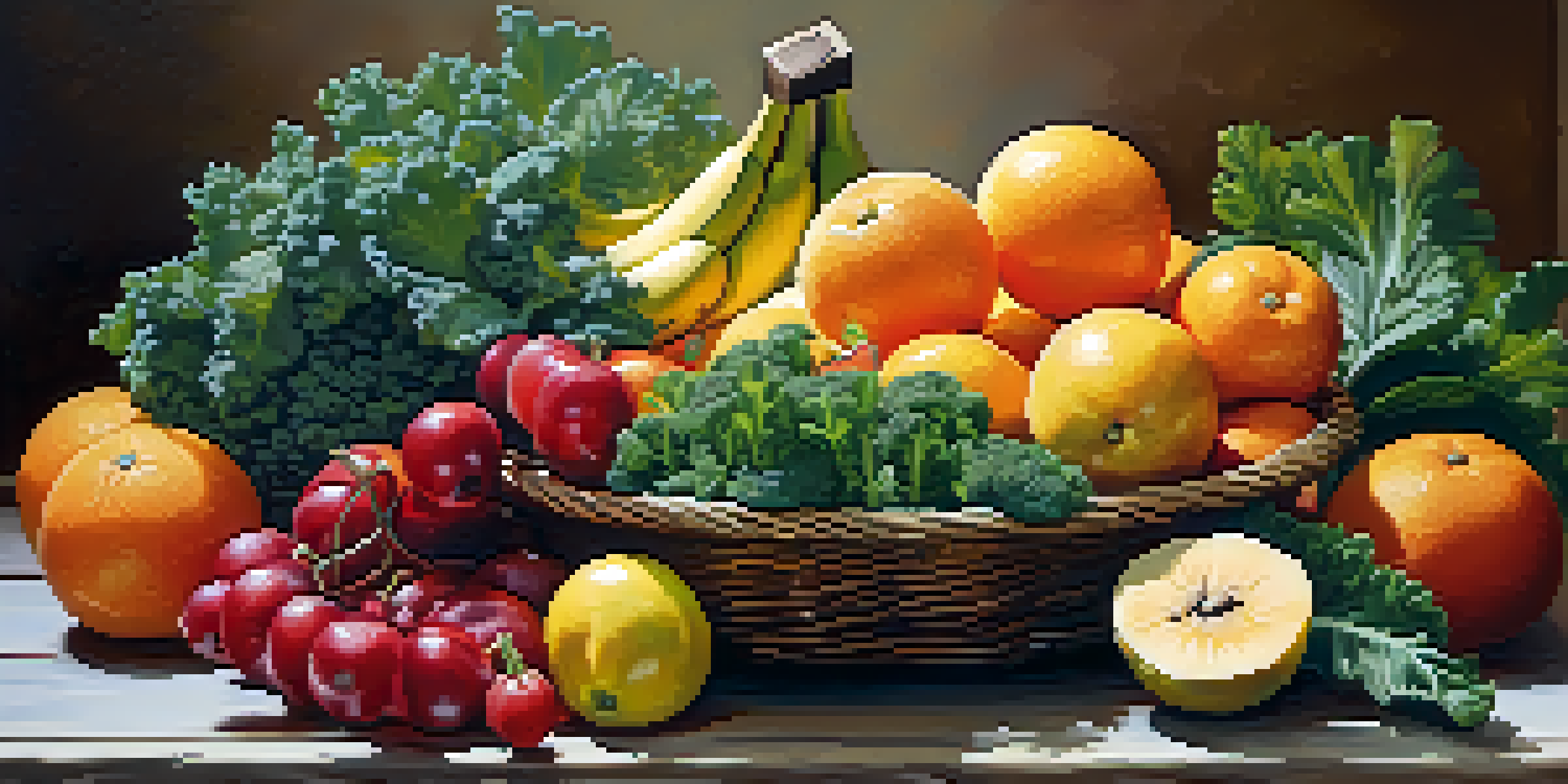 A still life of colorful fruits and vegetables on a wooden table, showcasing nutrition.