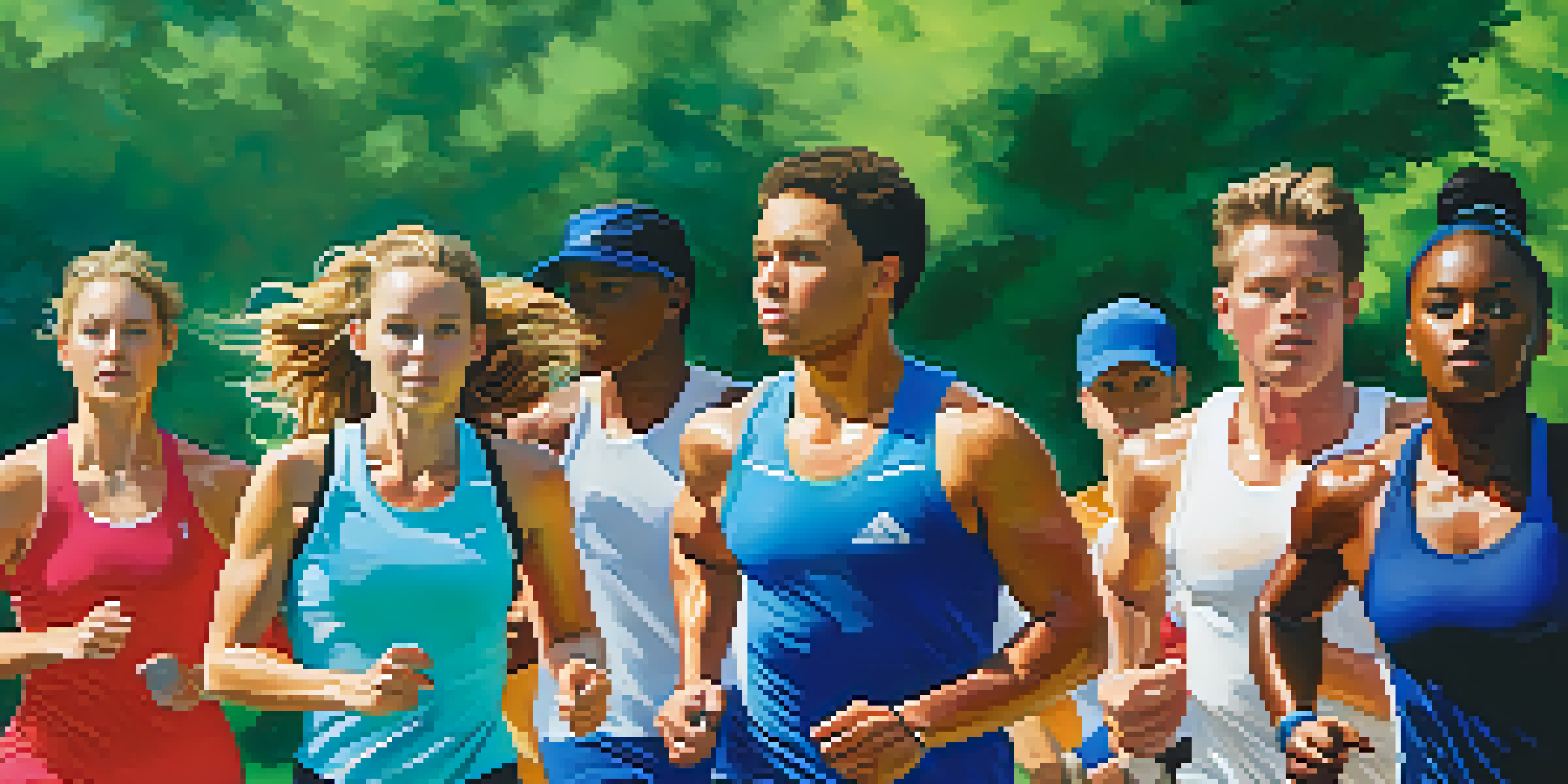 A diverse group of athletes training outdoors, showcasing different body types and fitness levels under a sunny sky.