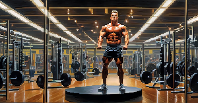A bodybuilder posing in a gym, surrounded by mirrors and weights, under bright lights.