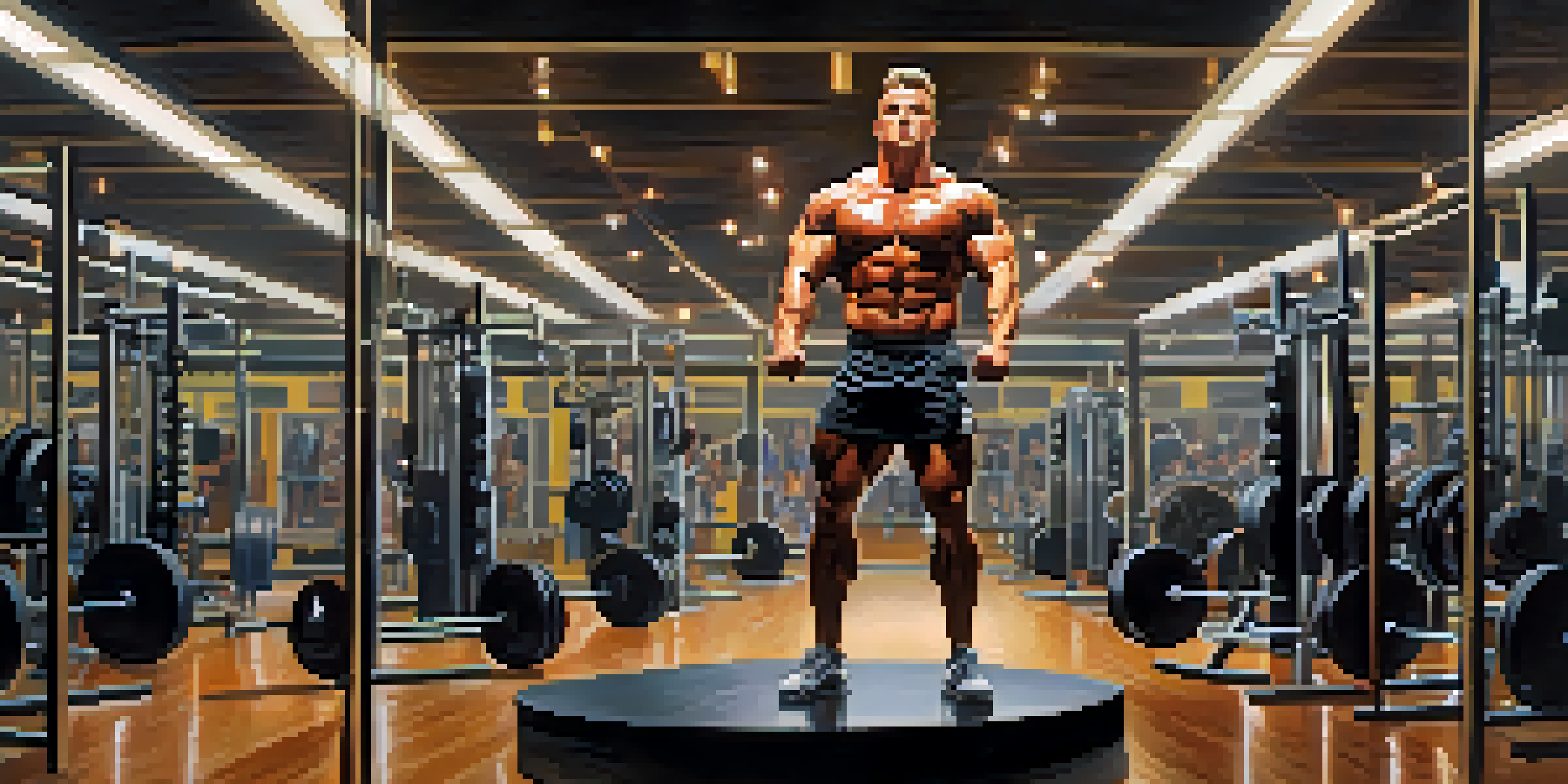 A bodybuilder posing in a gym, surrounded by mirrors and weights, under bright lights.