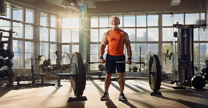A senior man lifting weights in a gym, demonstrating strength and determination.