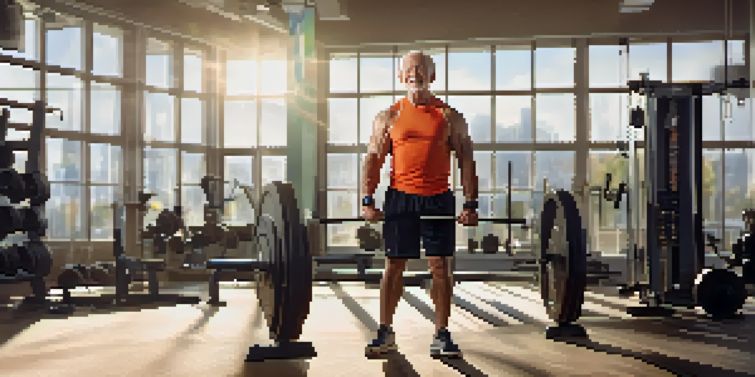 A senior man lifting weights in a gym, demonstrating strength and determination.