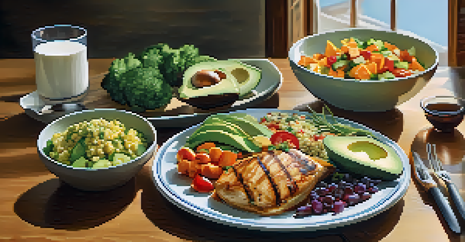 A colorful plate of healthy food including grilled chicken, quinoa, and vegetables, arranged on a wooden table with natural lighting.