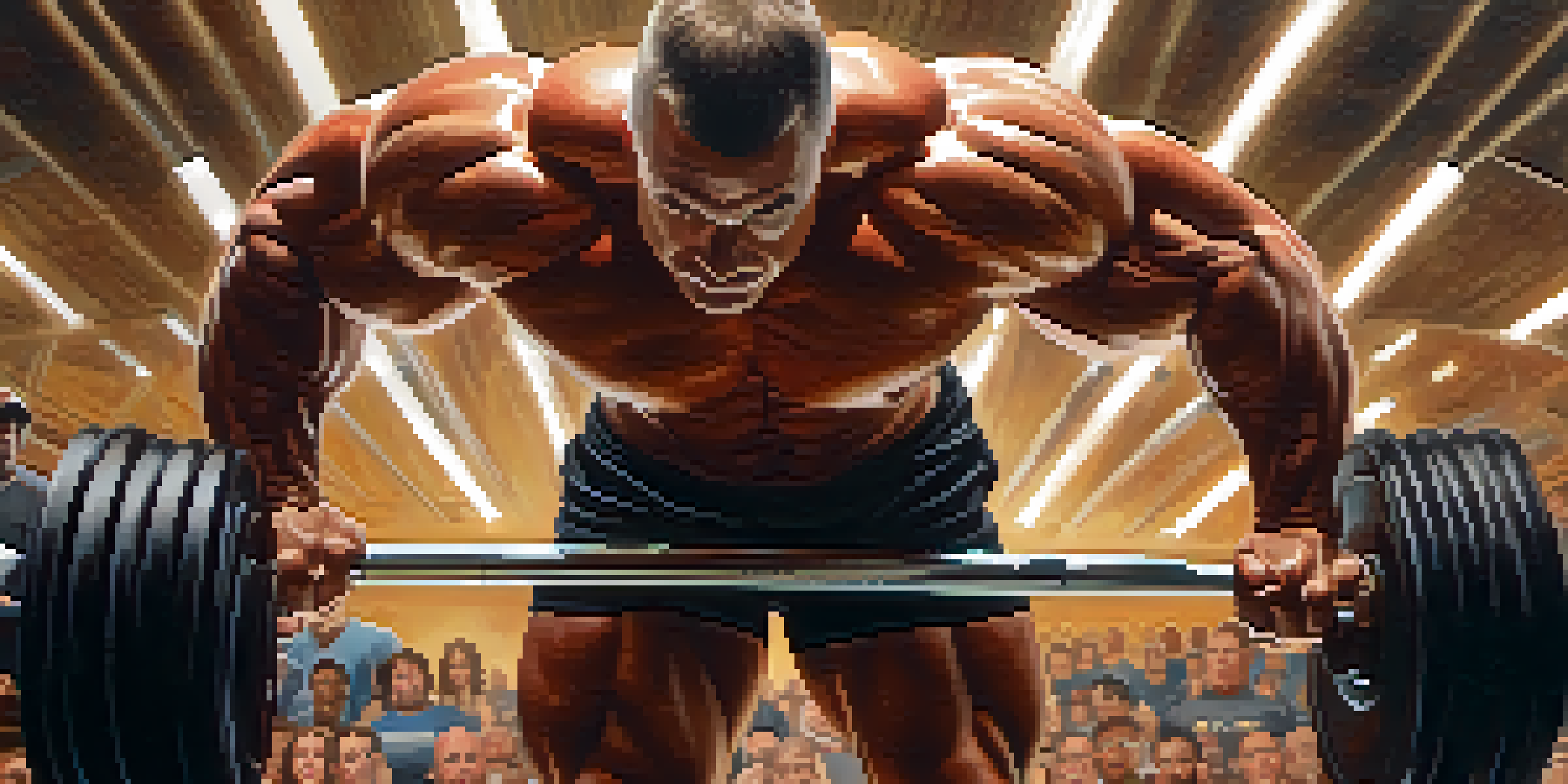 A muscular bodybuilder flexing in a competition, with a blurred audience in the background and dramatic lighting highlighting their physique.
