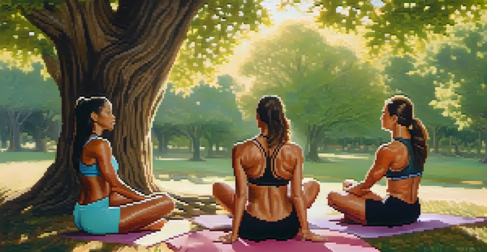 A group of female bodybuilders having a supportive discussion outdoors under a tree, with warm sunlight filtering through the leaves.