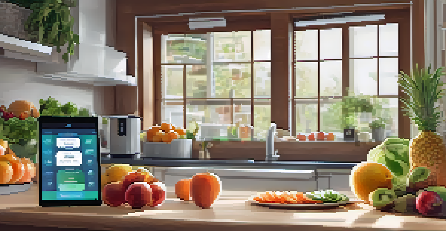 A kitchen with a tablet showing a nutrition app amidst fresh ingredients and meal prep containers.