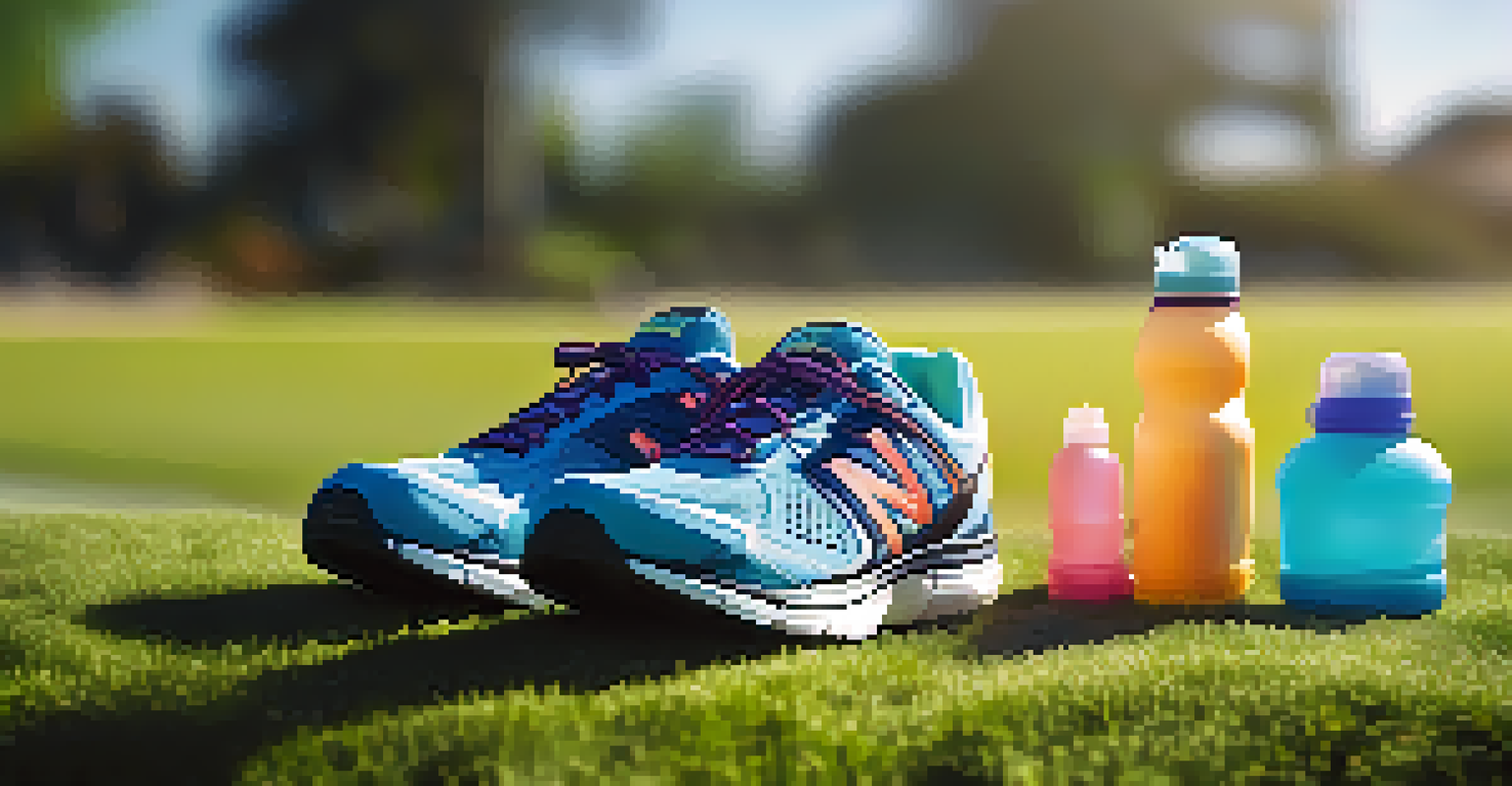 A detailed view of running shoes and fitness essentials on grass, highlighting outdoor exercise preparation.