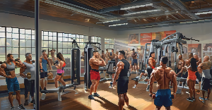A diverse group of bodybuilders in a community gym, engaged in workouts with weights under warm natural light.