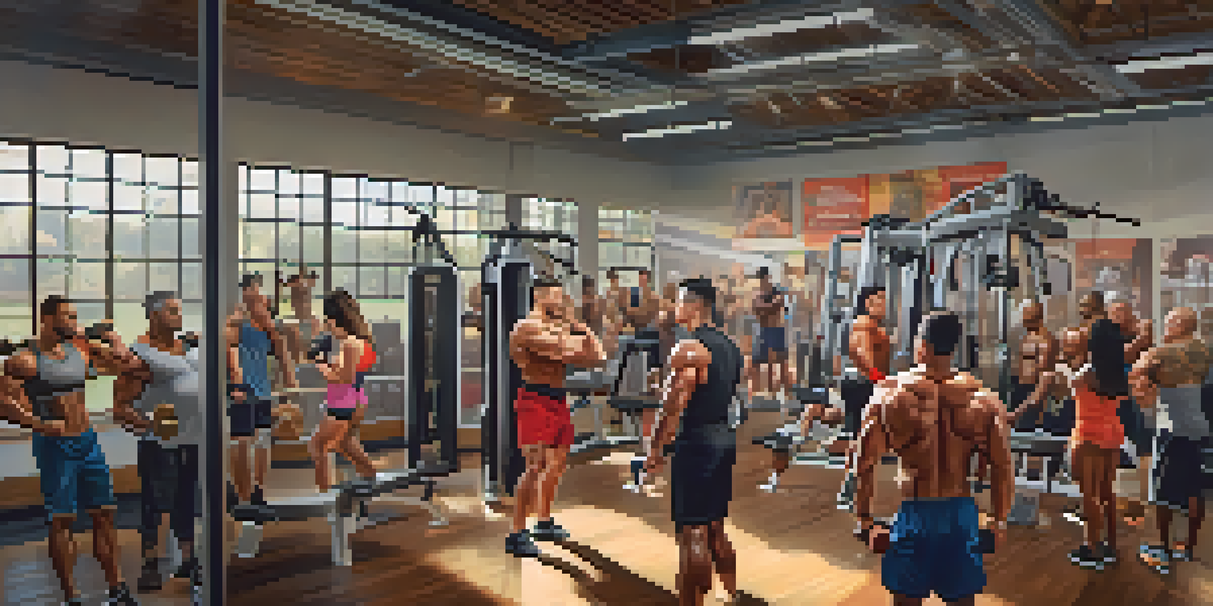 A diverse group of bodybuilders in a community gym, engaged in workouts with weights under warm natural light.
