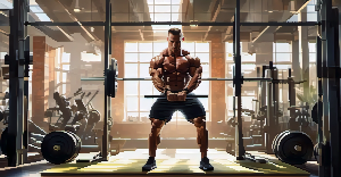 A focused bodybuilder lifting weights in a bright, modern gym with sunlight coming through the windows.