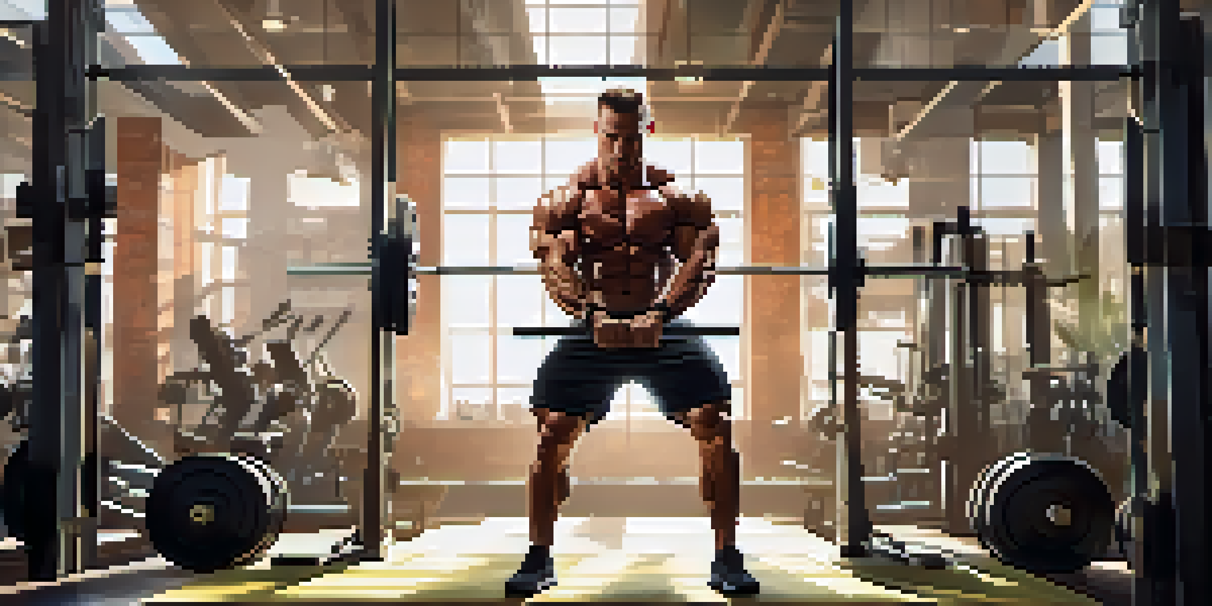 A focused bodybuilder lifting weights in a bright, modern gym with sunlight coming through the windows.