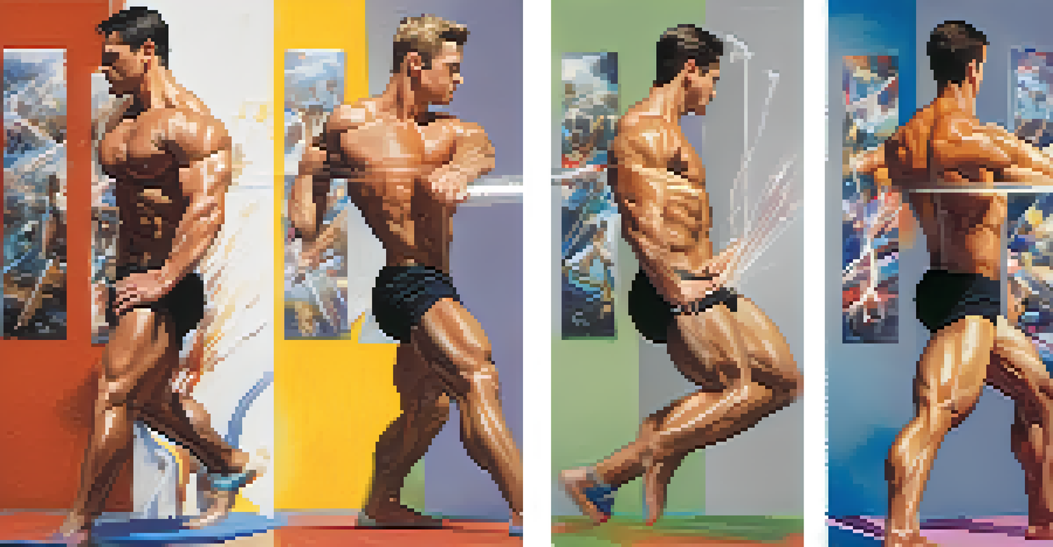 A split image showing a bodybuilder performing dynamic stretches on one side and static stretches on the other, with contrasting lighting and energy levels.