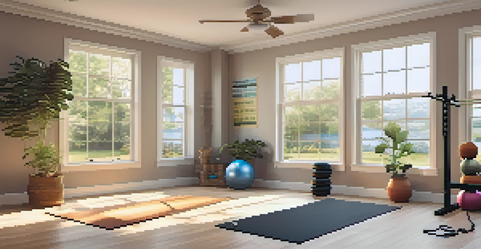 A cozy home gym with weights and yoga mat, illuminated by natural light, featuring motivational quotes on the walls.